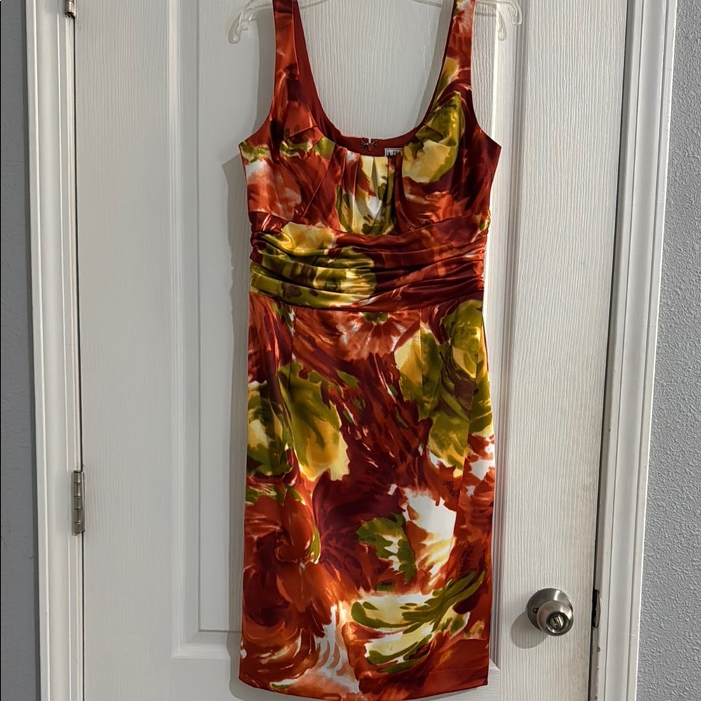 EUC NW Collections Vibrant Multicolor Sleeveless Lined Dress S Orange Rust Green